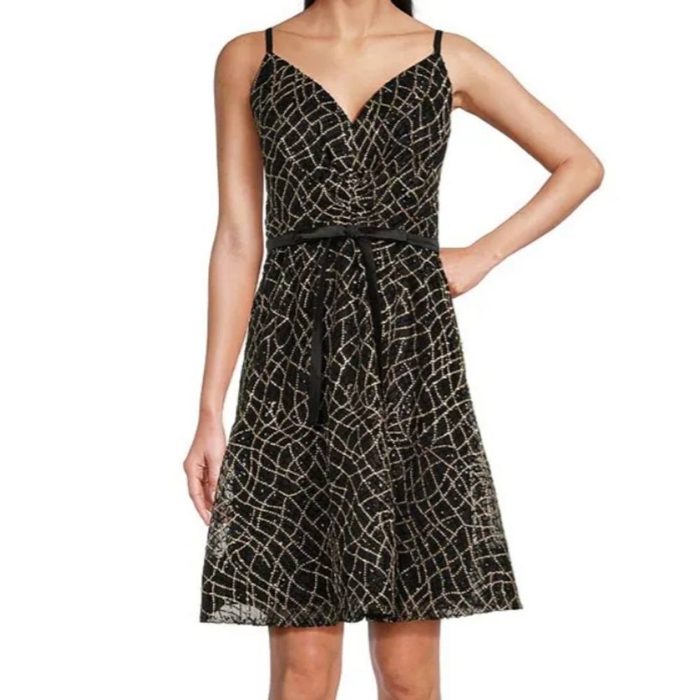Calvin Klein Women's Sleeveless V-Neck Sequin Mesh Short A-Line Dress Size 6